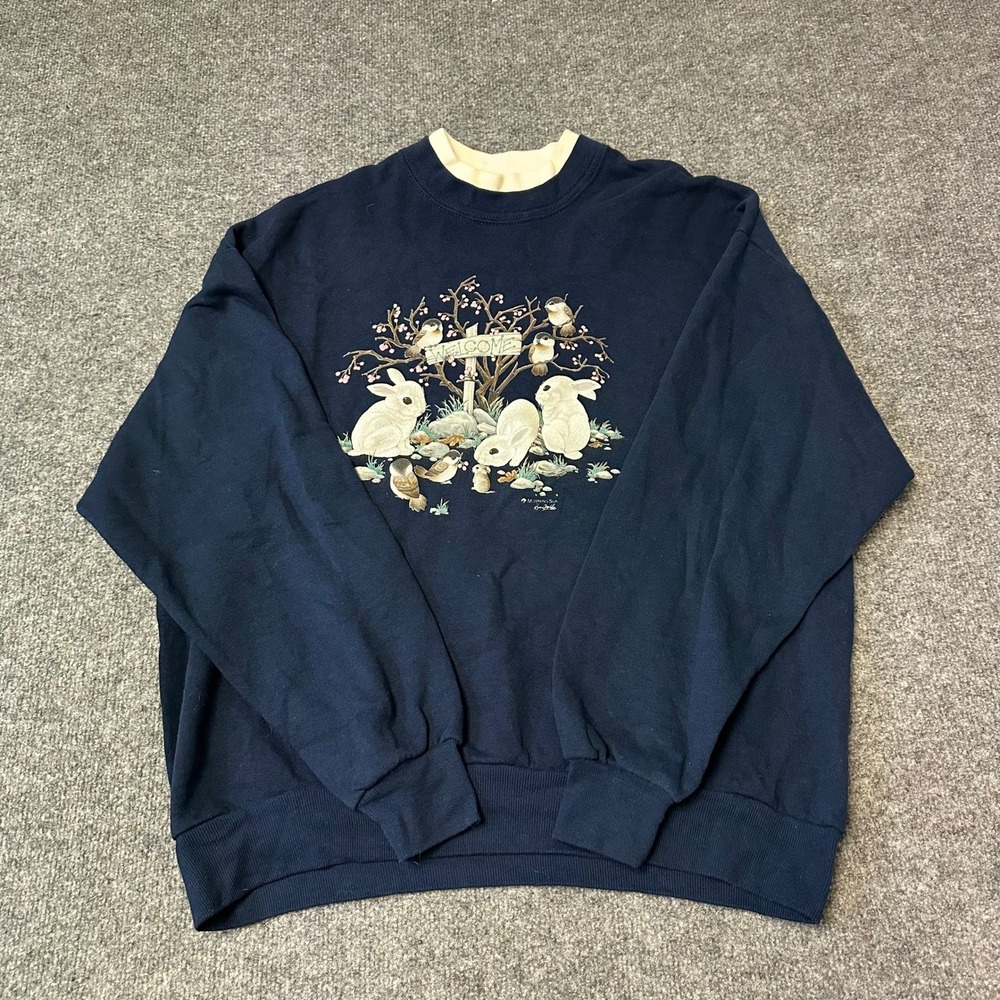 Morning Sun Sweatshirt Womens XL Navy Blue Bunny Rabbit Graphic Made in USA